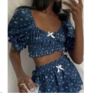 For Love And Lemons Lola Pointelle Blue Floral Crop Top